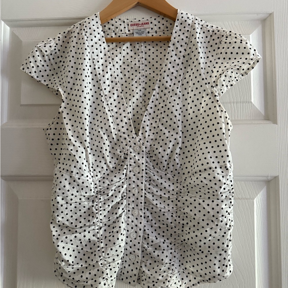 Guess White and Black Polka Dot Blouse
